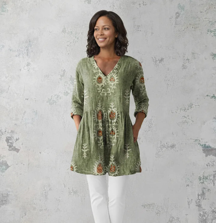 Elise | Long Blouse with V-Neck — Green