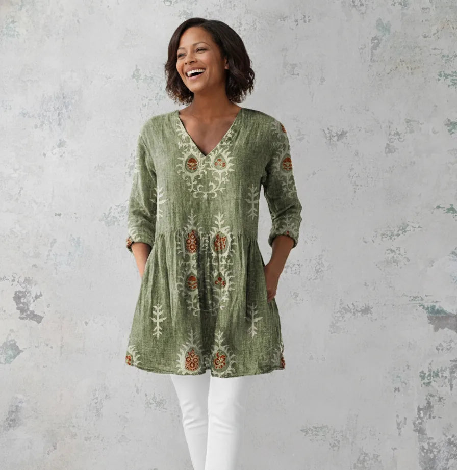 Elise | Long Blouse with V-Neck — Green