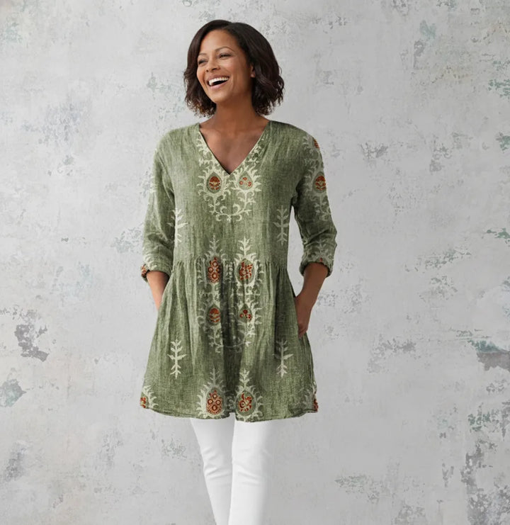 Elise | Long Blouse with V-Neck — Green