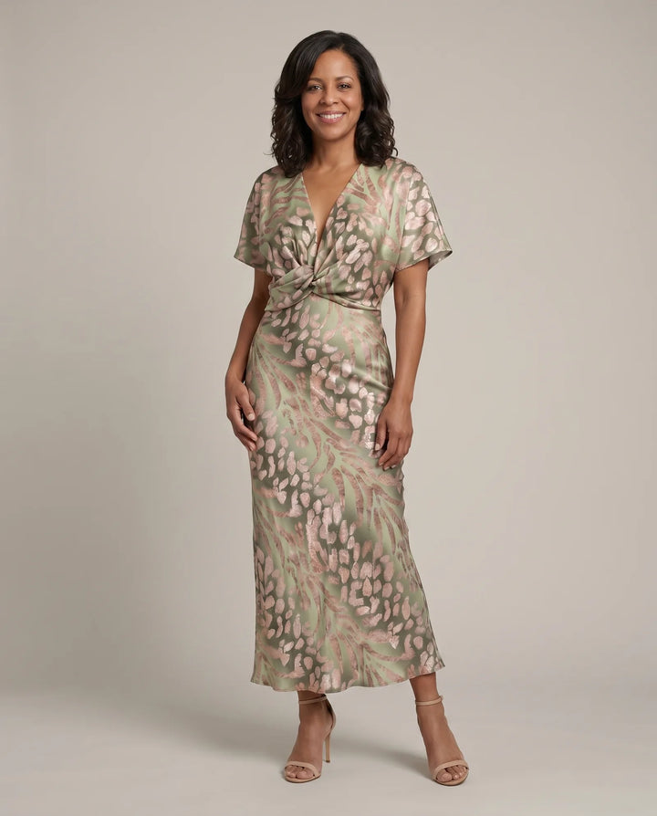 Emily | Abstract Print V-Neck Twist-Waist Midi Dress — Green