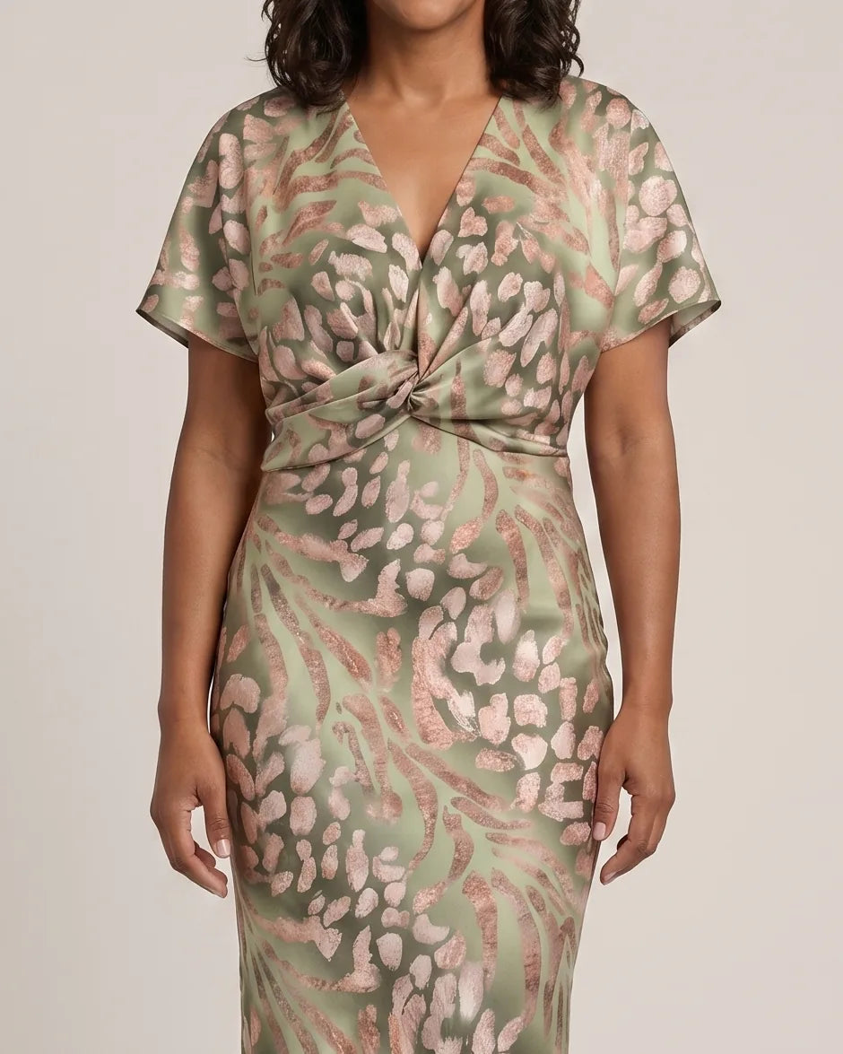 Emily | Abstract Print V-Neck Twist-Waist Midi Dress — Green