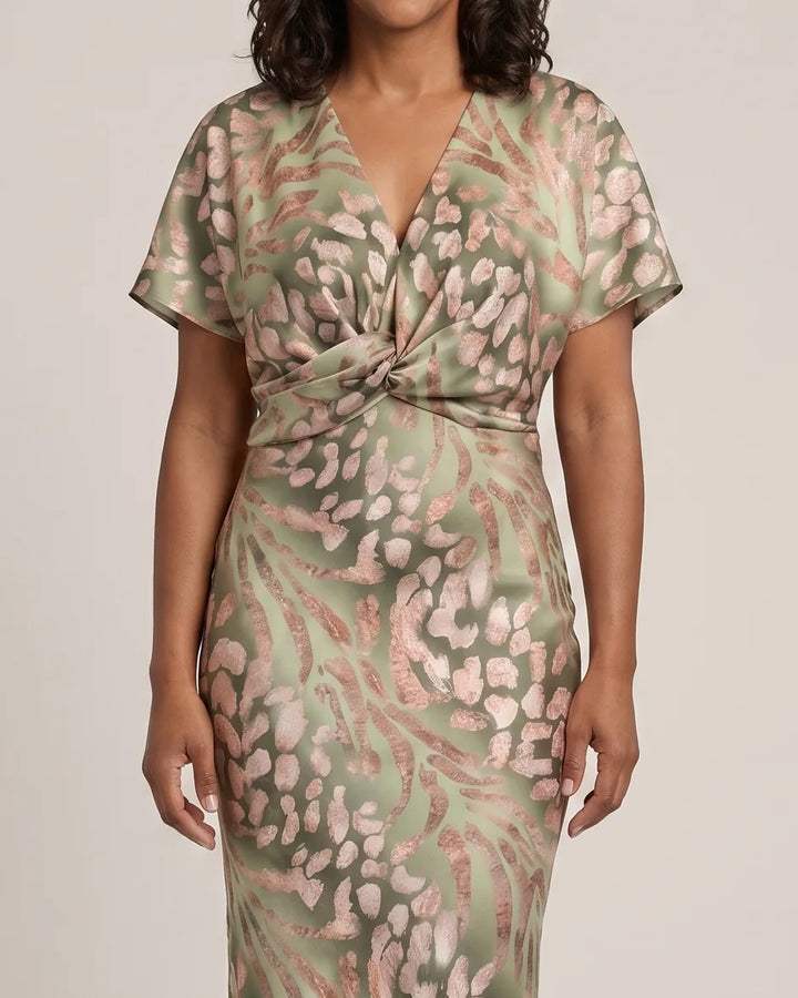 Emily | Abstract Print V-Neck Twist-Waist Midi Dress — Green