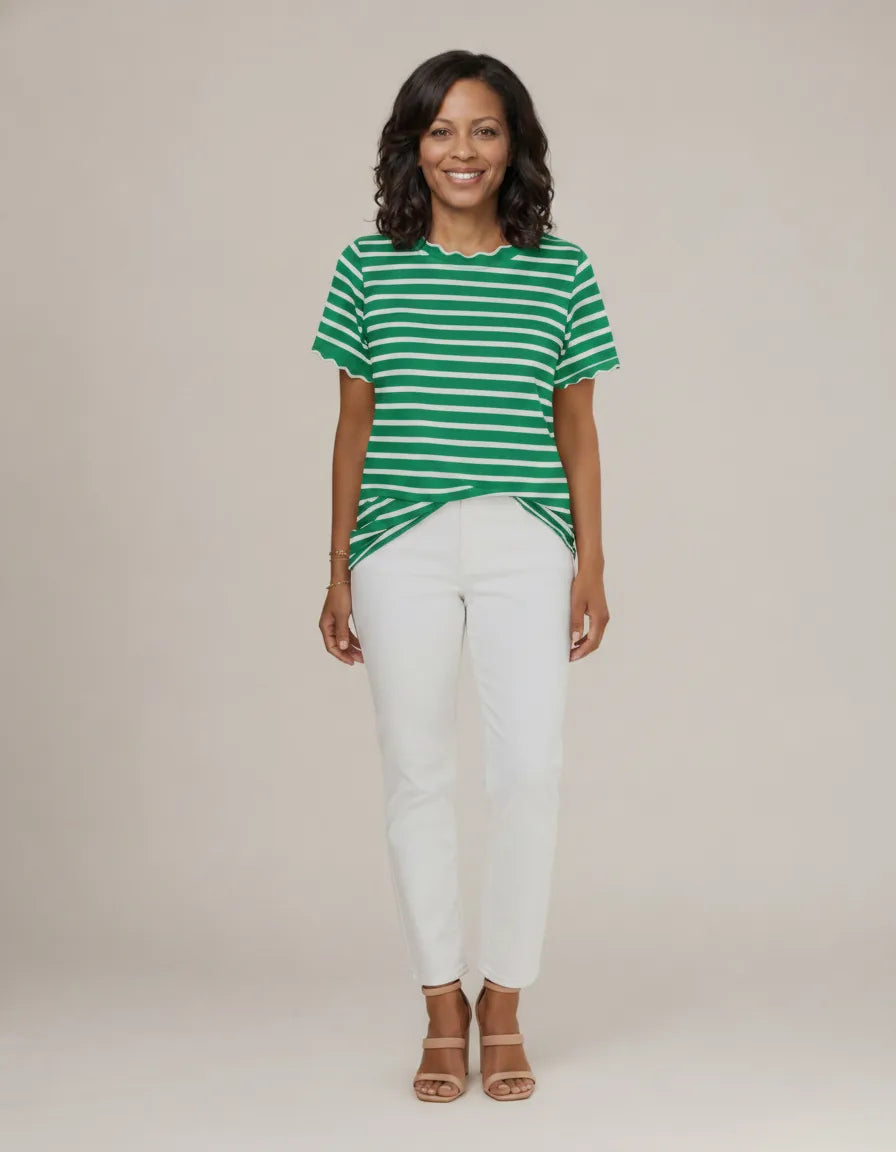 Women's Scalloped Crew Neck Striped T-Shirt — Green