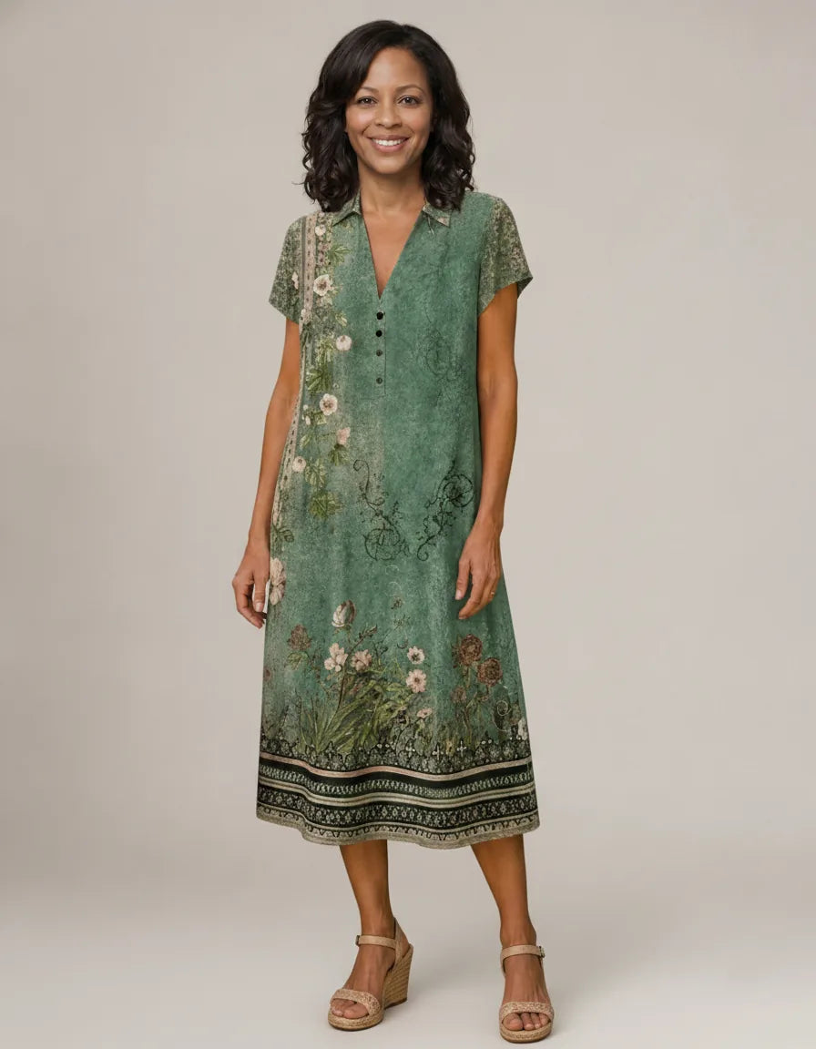Earling | Floral Collared Short Sleeve Midi Dress — Green