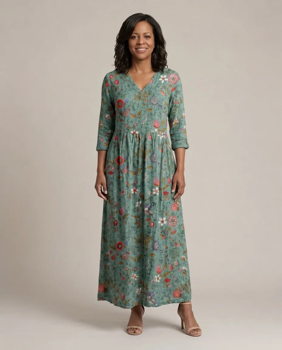 Marina | Floral V Neck Three Quarter Sleeve Maxi Dress — Green