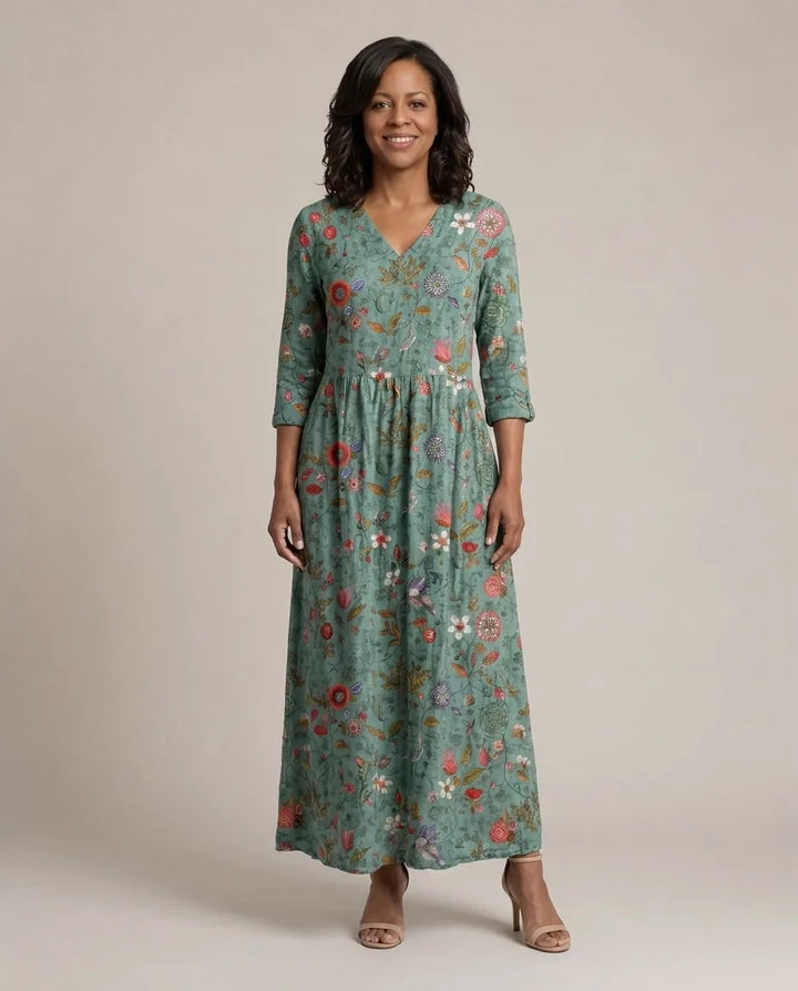 Marina | Floral V Neck Three Quarter Sleeve Maxi Dress — Green