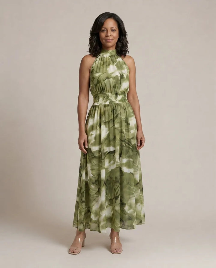 Sylin | Gathered Halter Midi Dress — Green