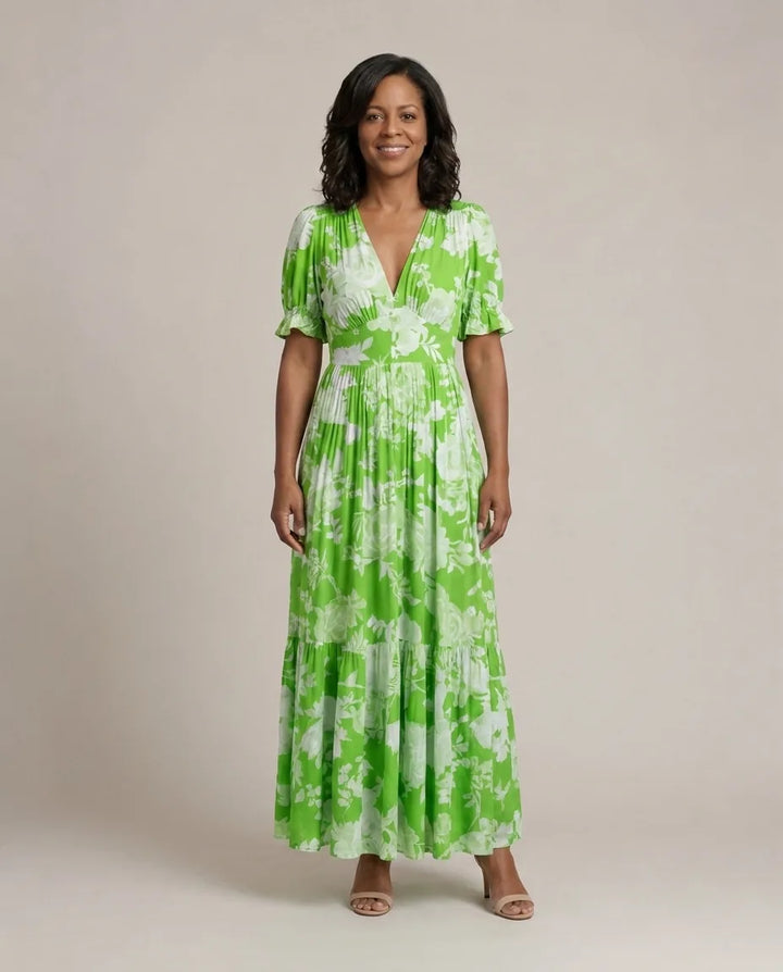 Lone | Short Sleeve V Neck Floral Midi Dress — Green