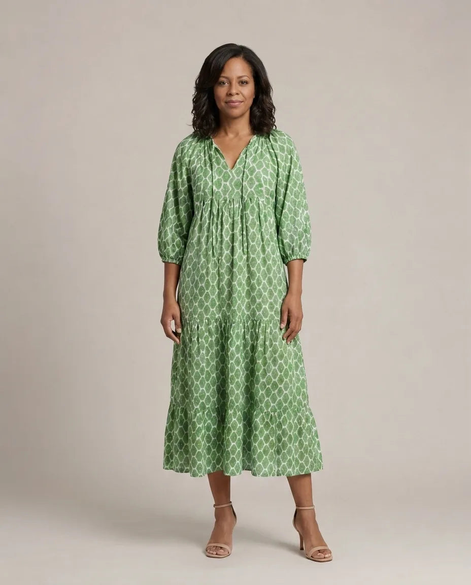 Apolline | Three Quarter Sleeve V Neck Patterned Midi Dress — Green