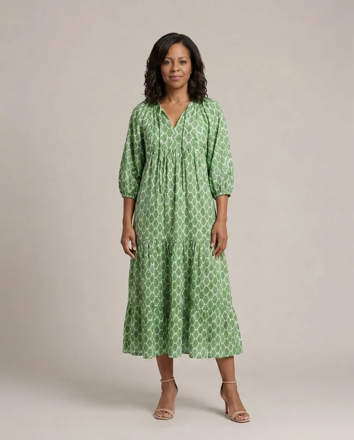 Apolline | Three Quarter Sleeve V Neck Patterned Midi Dress — Green