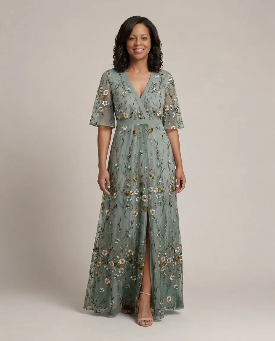 Evadne | Floral V Neck Short Sleeve Maxi Dress — Green