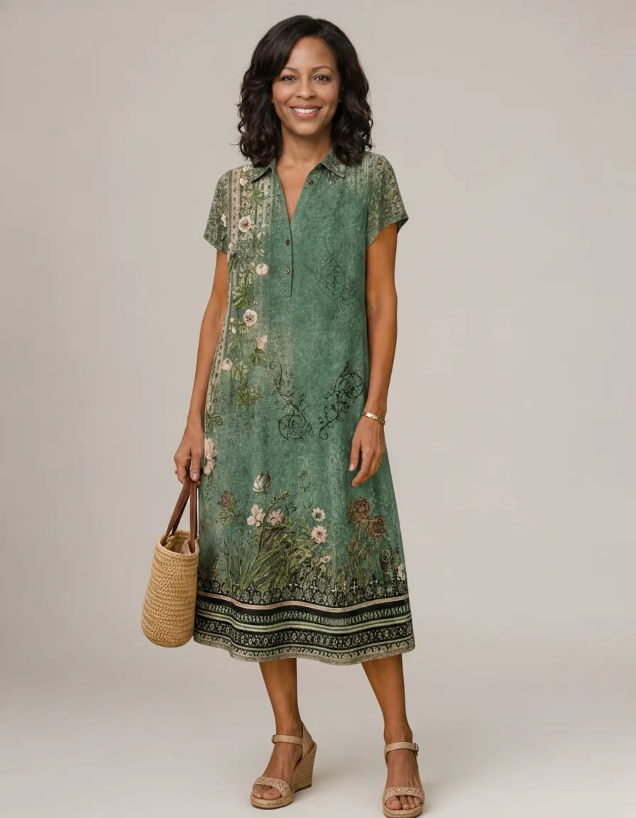 Earling | Floral Collared Short Sleeve Midi Dress — Green