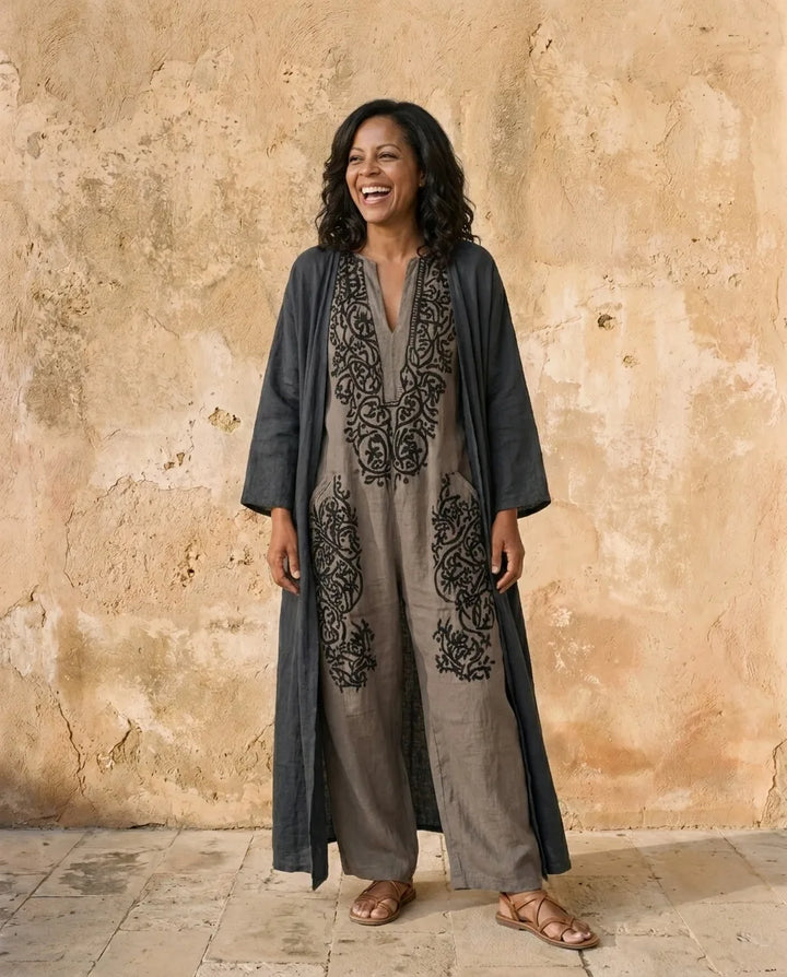 Isadora | Linen-Blend Maxi Dress And Cardigan Set — Grey