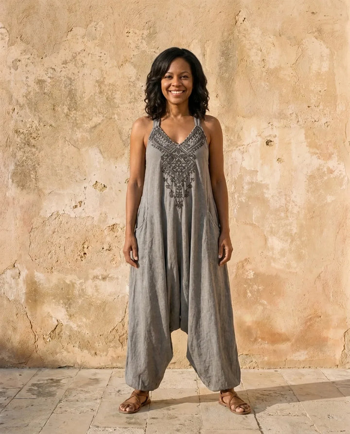 Willow | Artisanal Embroidered Linen Jumpsuit — Grey