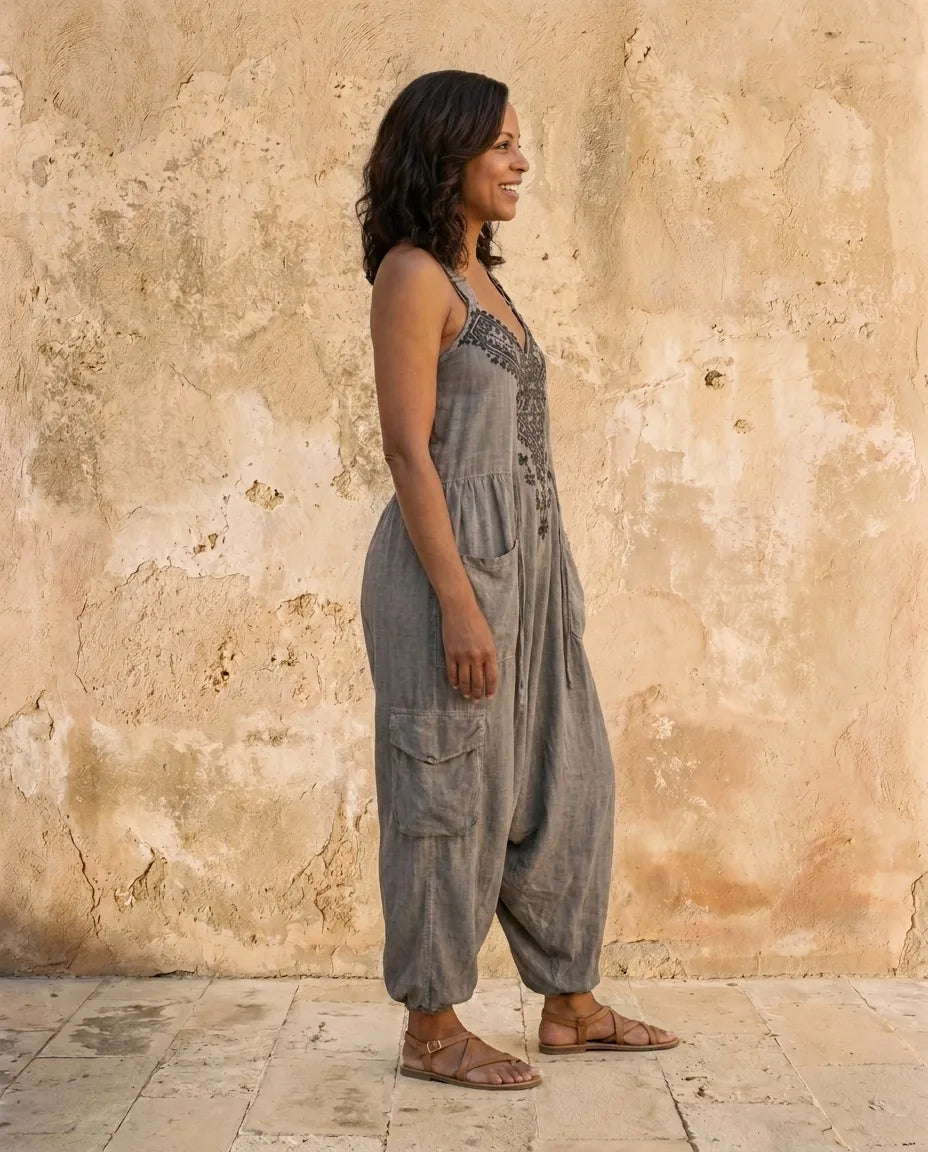 Willow | Artisanal Embroidered Linen Jumpsuit — Grey