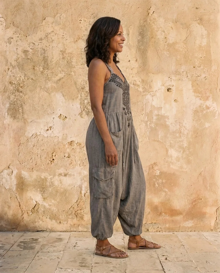 Willow | Artisanal Embroidered Linen Jumpsuit — Grey