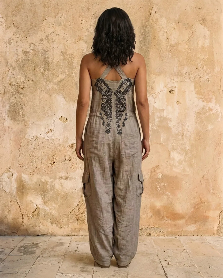 Willow | Artisanal Embroidered Linen Jumpsuit — Grey
