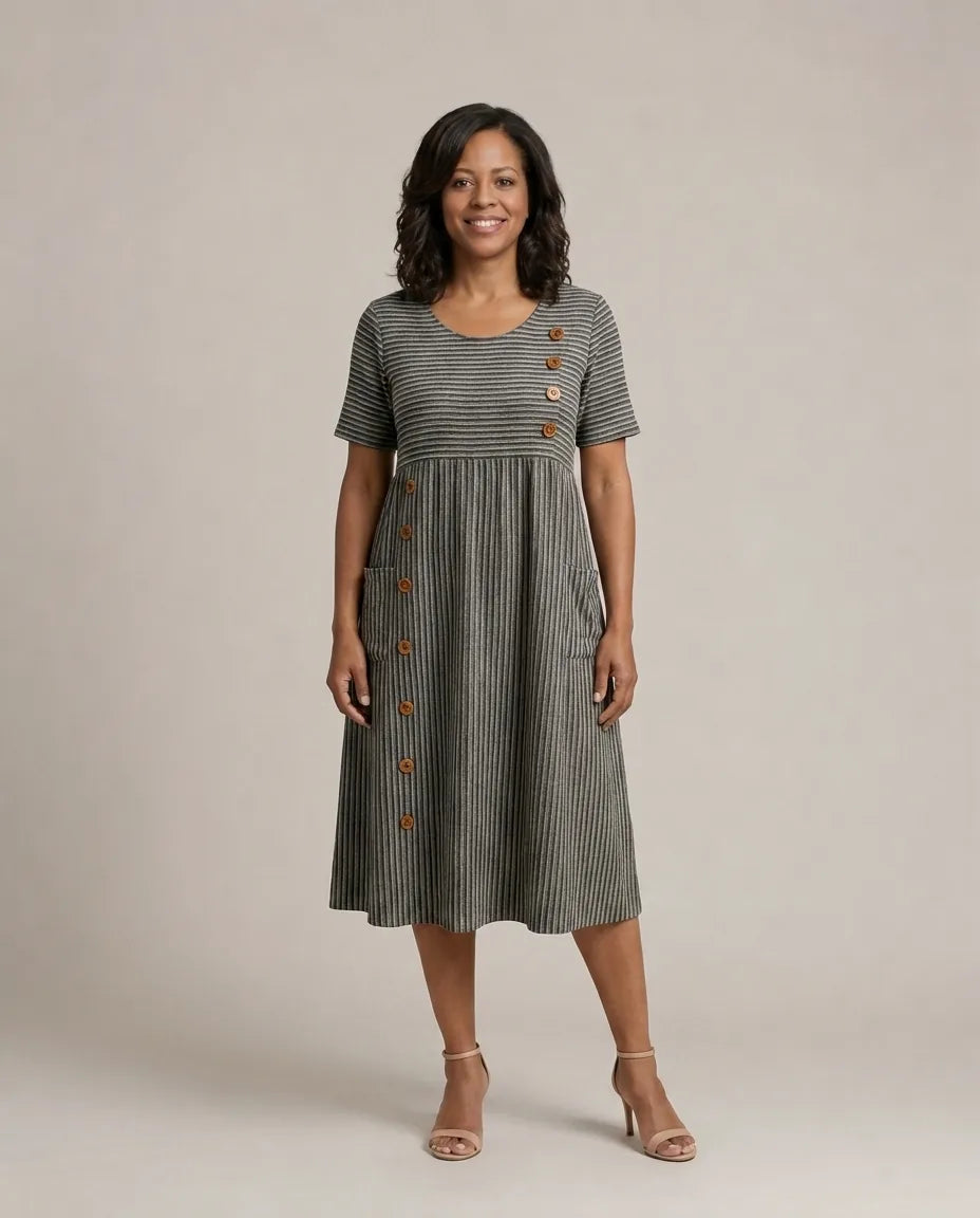 Brienne | Striped Midi Dress — Grey