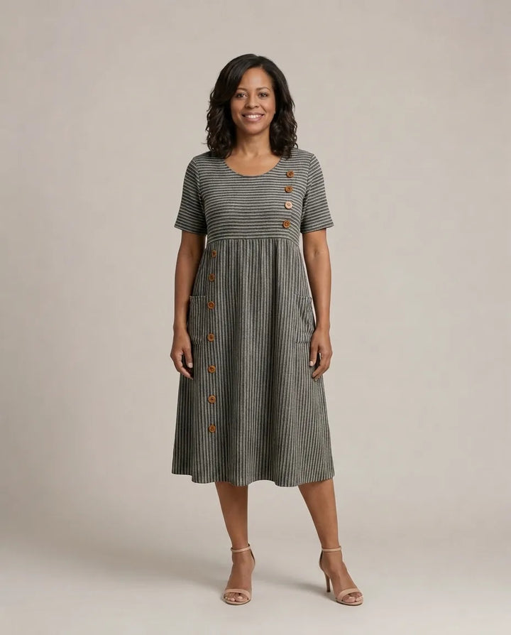 Brienne | Striped Midi Dress — Grey