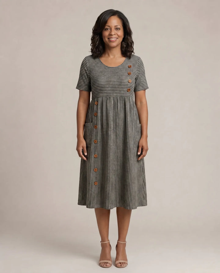 Brienne | Striped Midi Dress — Grey