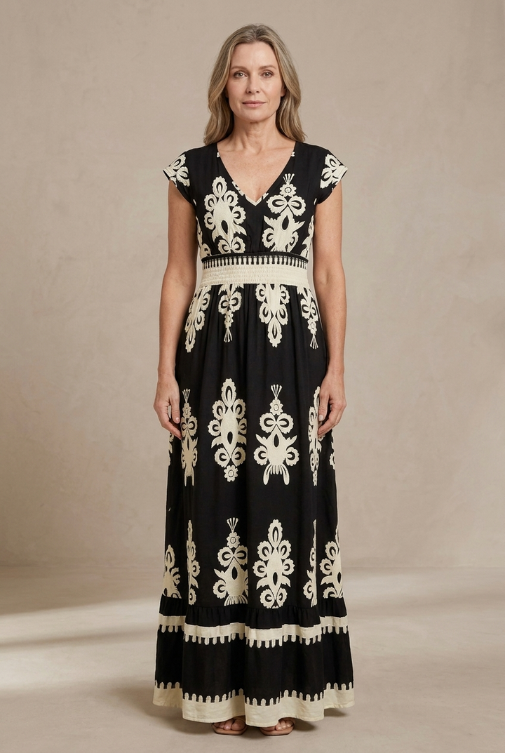 Serena | Baroque V-Neck Maxi Dress