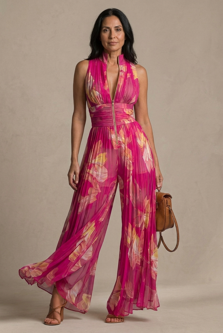 Scarlett | Fuchsia Floral Pleated Chiffon Jumpsuit