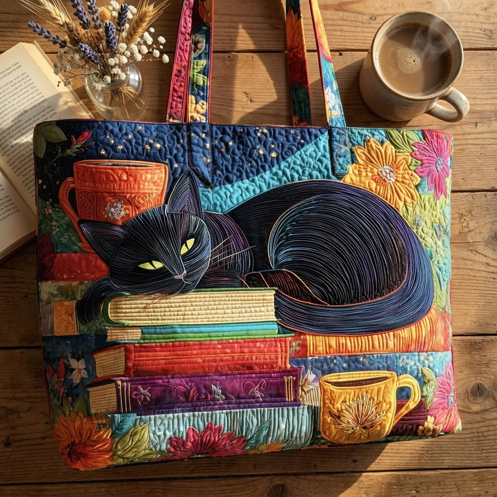 Artisan Bag | Black Cat with Books and Mugs