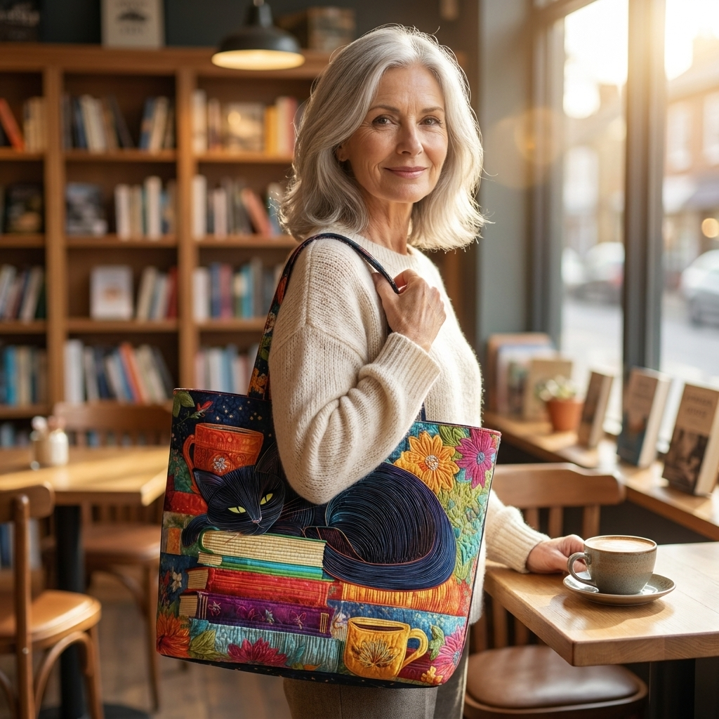 Artisan Bag | Black Cat with Books and Mugs