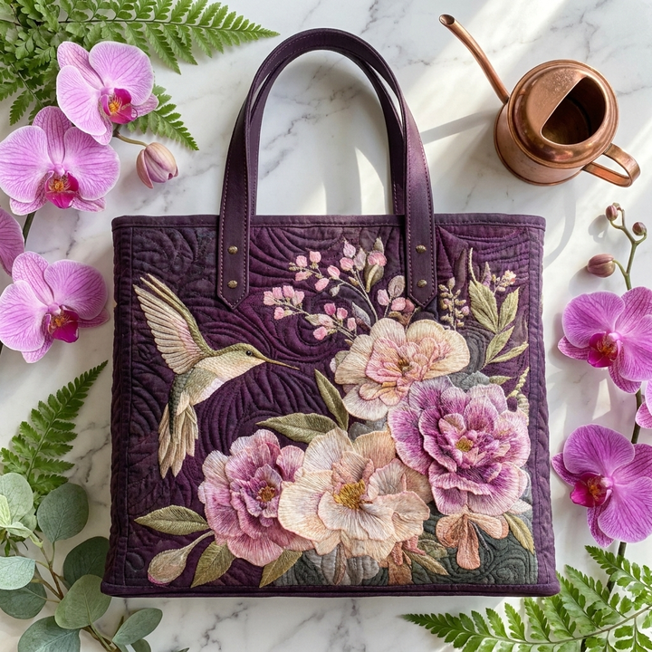 Artisanal Quilted Bag | Hummingbirds and Orchids