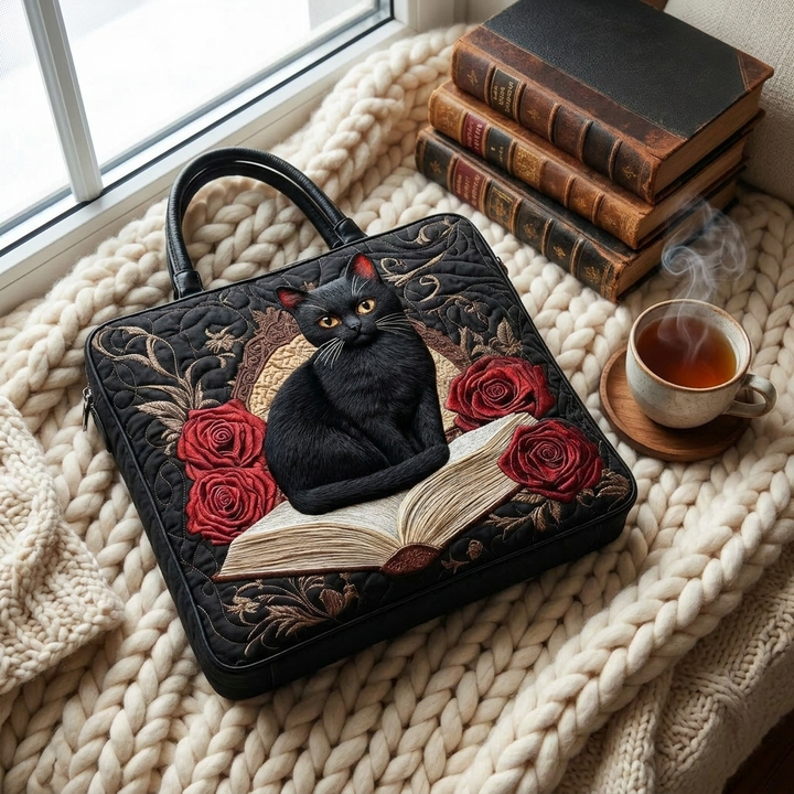 Quilted Artisan Bag | Black Cat on Books