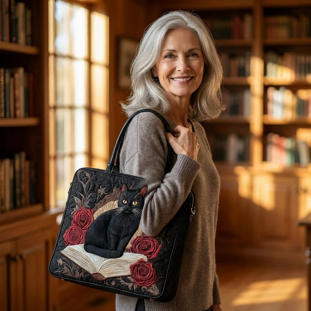 Quilted Artisan Bag | Black Cat on Books