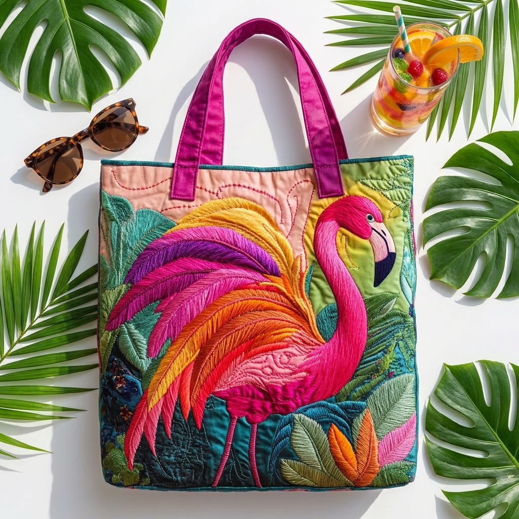 Quilted Tote Bag | Rainbow Flamingo