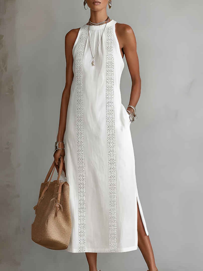 Jamie | Mandarin Collar Linen Midi Dress