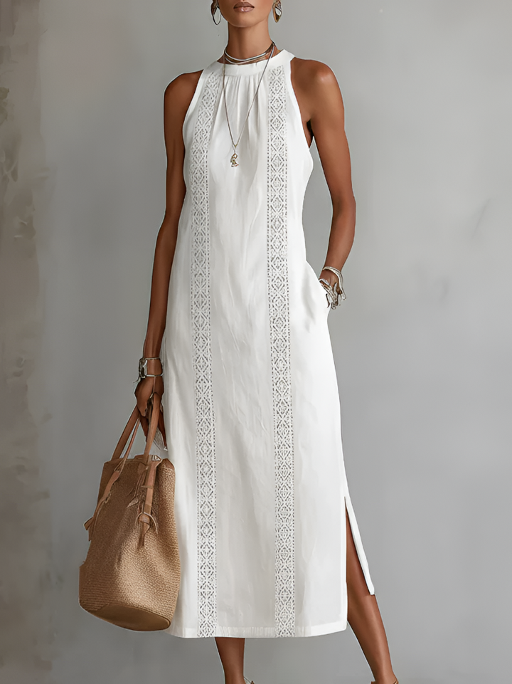 Jamie | Mandarin Collar Linen Midi Dress