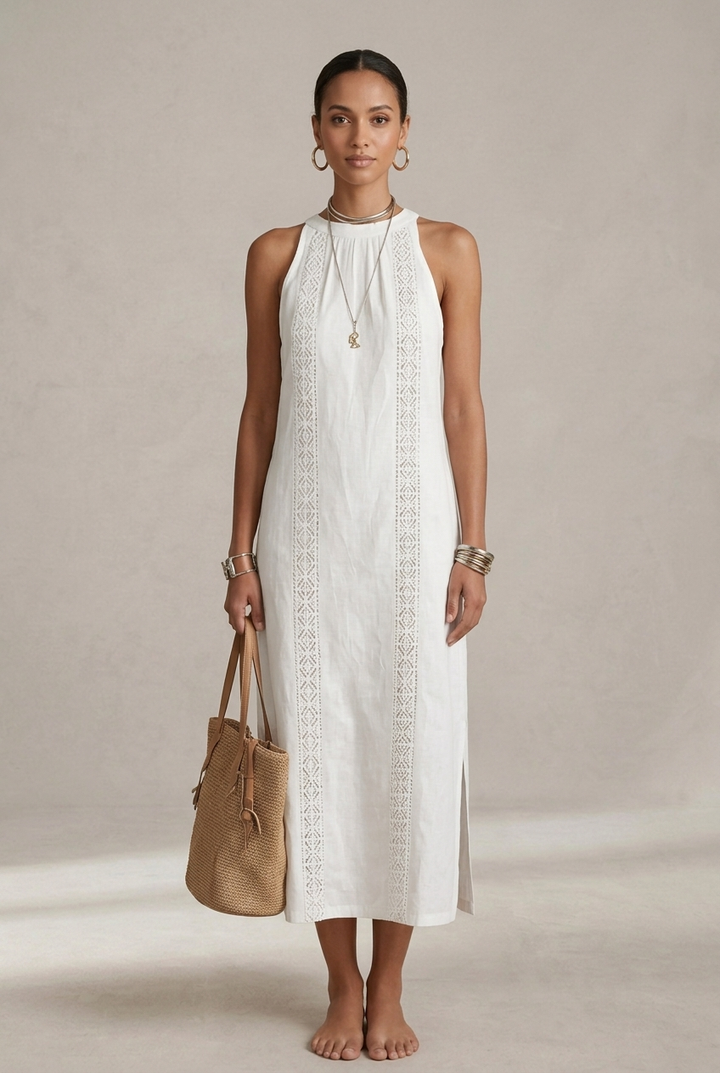 Jamie | Mandarin Collar Linen Midi Dress