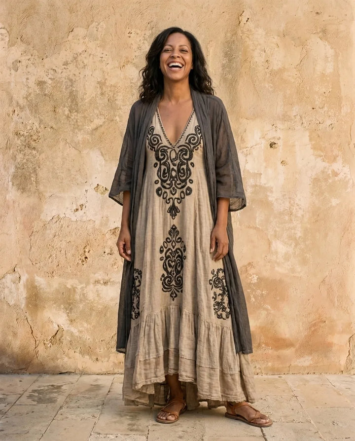 Esme | Patterned Linen-Blend Jumpsuit Set — Khaki