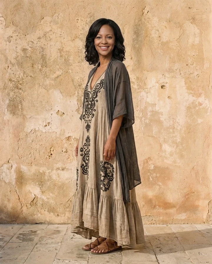 Esme | Patterned Linen-Blend Jumpsuit Set — Khaki