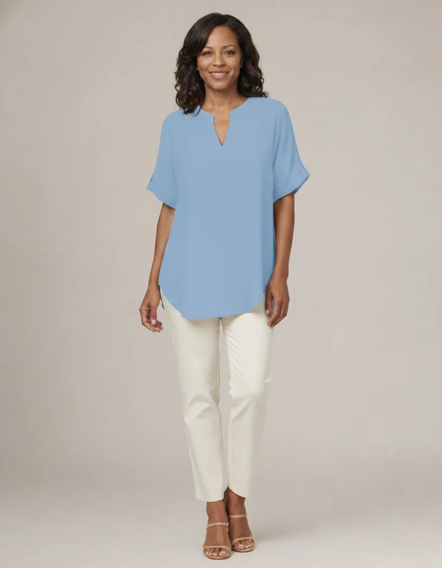Atasia | Soft-Touch Notched-Neck Blouse — Light Wash