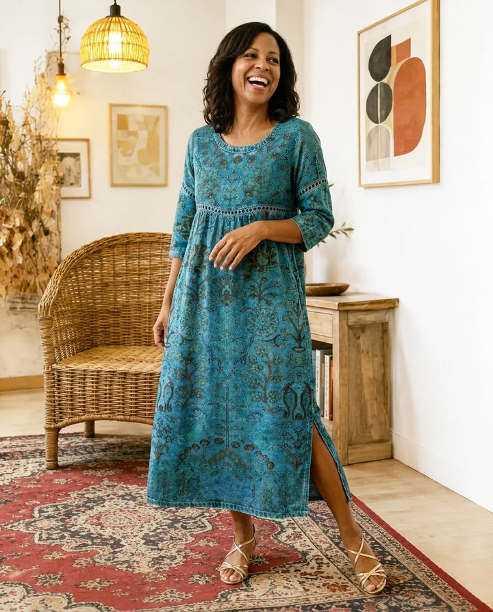 Carmen | Blue Printed Dress — S2_threequarter
