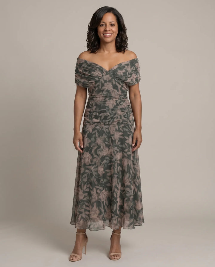 Abigail | Off-Shoulder Ruched Flow Midi Dress — Multicolor