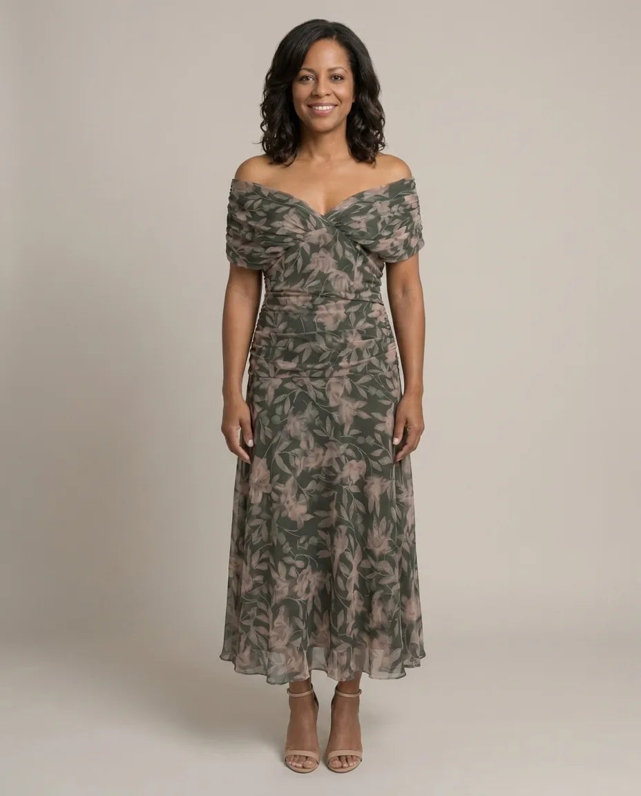 Hannah | Off Shoulder Flow Midi Dress — Multicolor