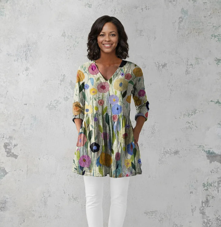 Louise | Long Blouse with V-Neck — Multicolored