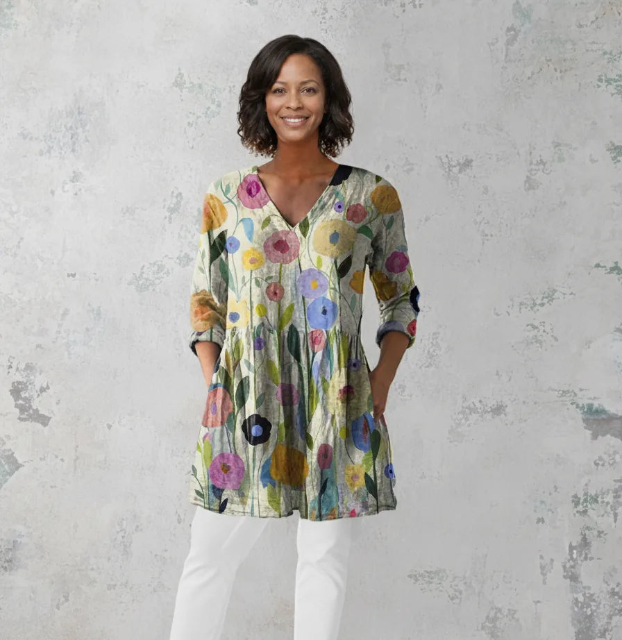 Louise | Long Blouse with V-Neck — Multicolored
