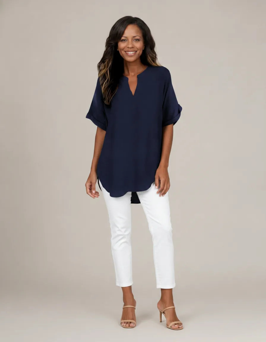Atasia | Soft-Touch Notched-Neck Blouse — Navy Blue