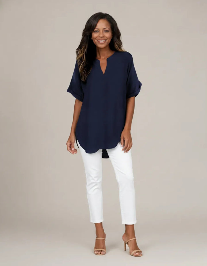 Atasia | Soft-Touch Notched-Neck Blouse — Navy Blue