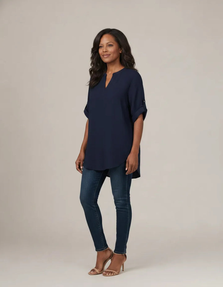 Atasia | Soft-Touch Notched-Neck Blouse — Navy Blue