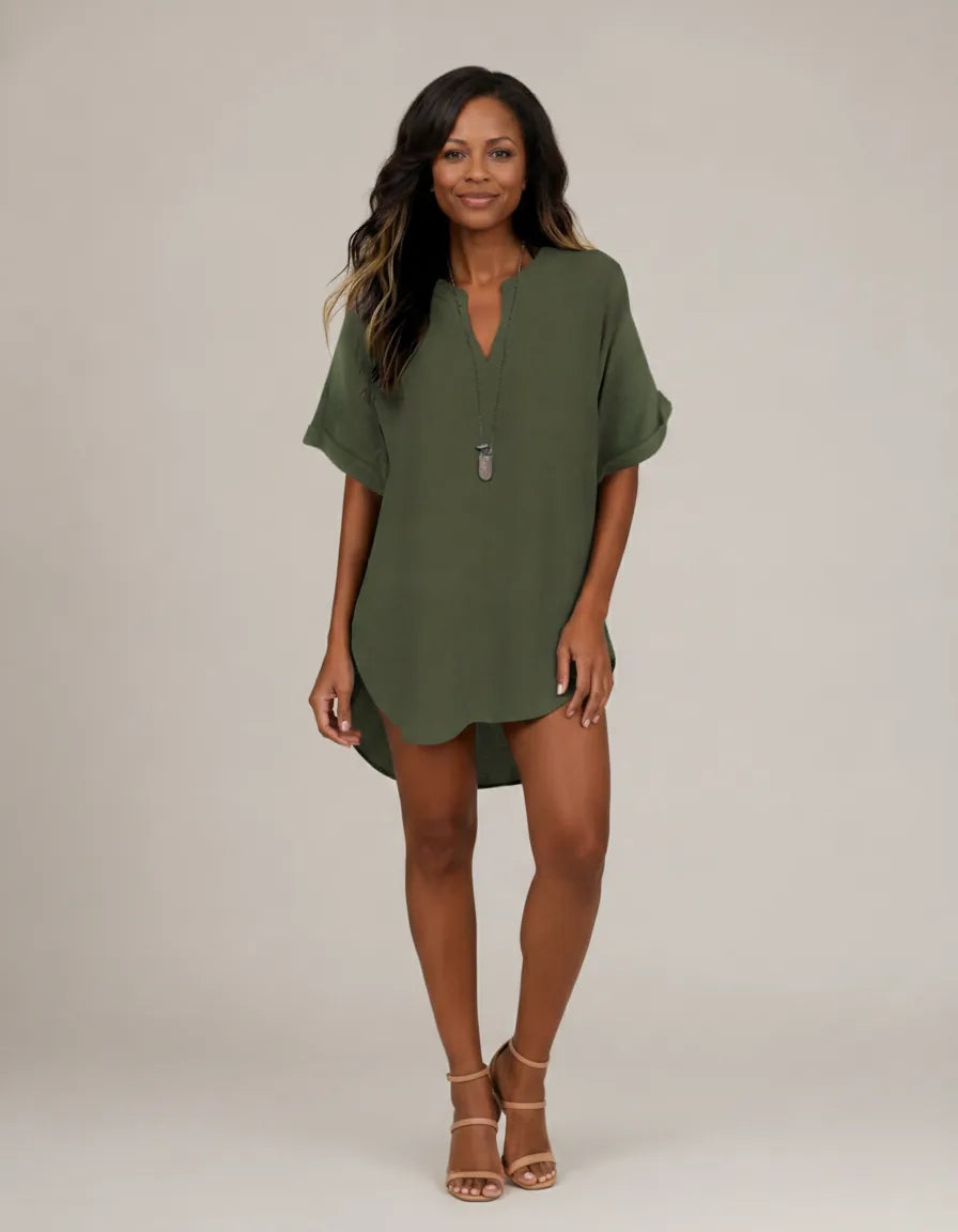 Atasia | Soft-Touch Notched-Neck Blouse — Olive Green