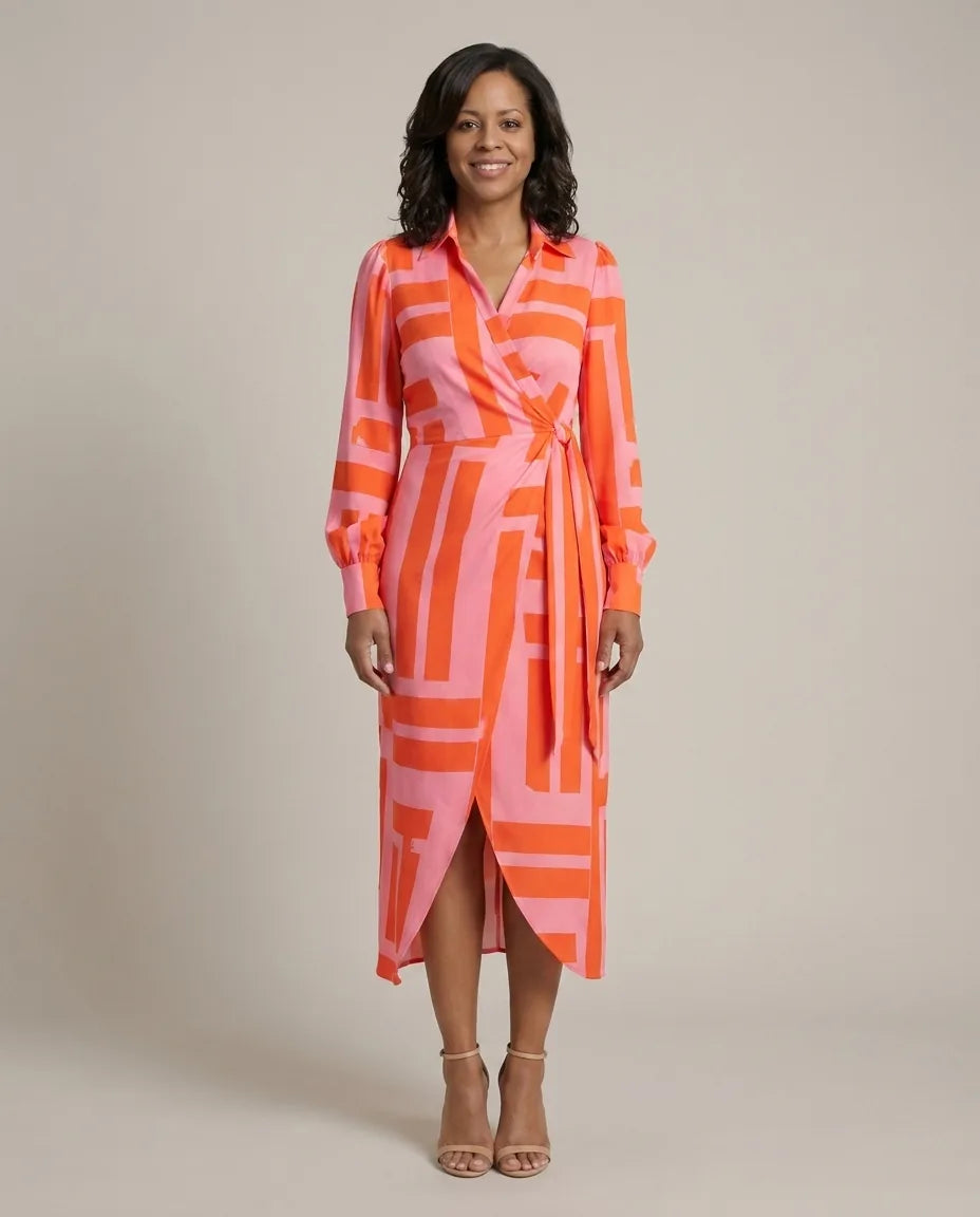 Josephine | Printed Wrap Dress — Orange/Pink