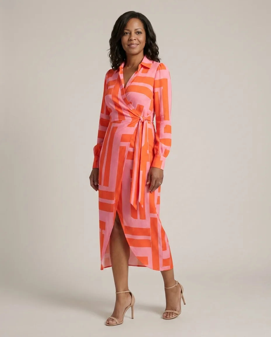 Josephine | Printed Wrap Dress — Orange/Pink
