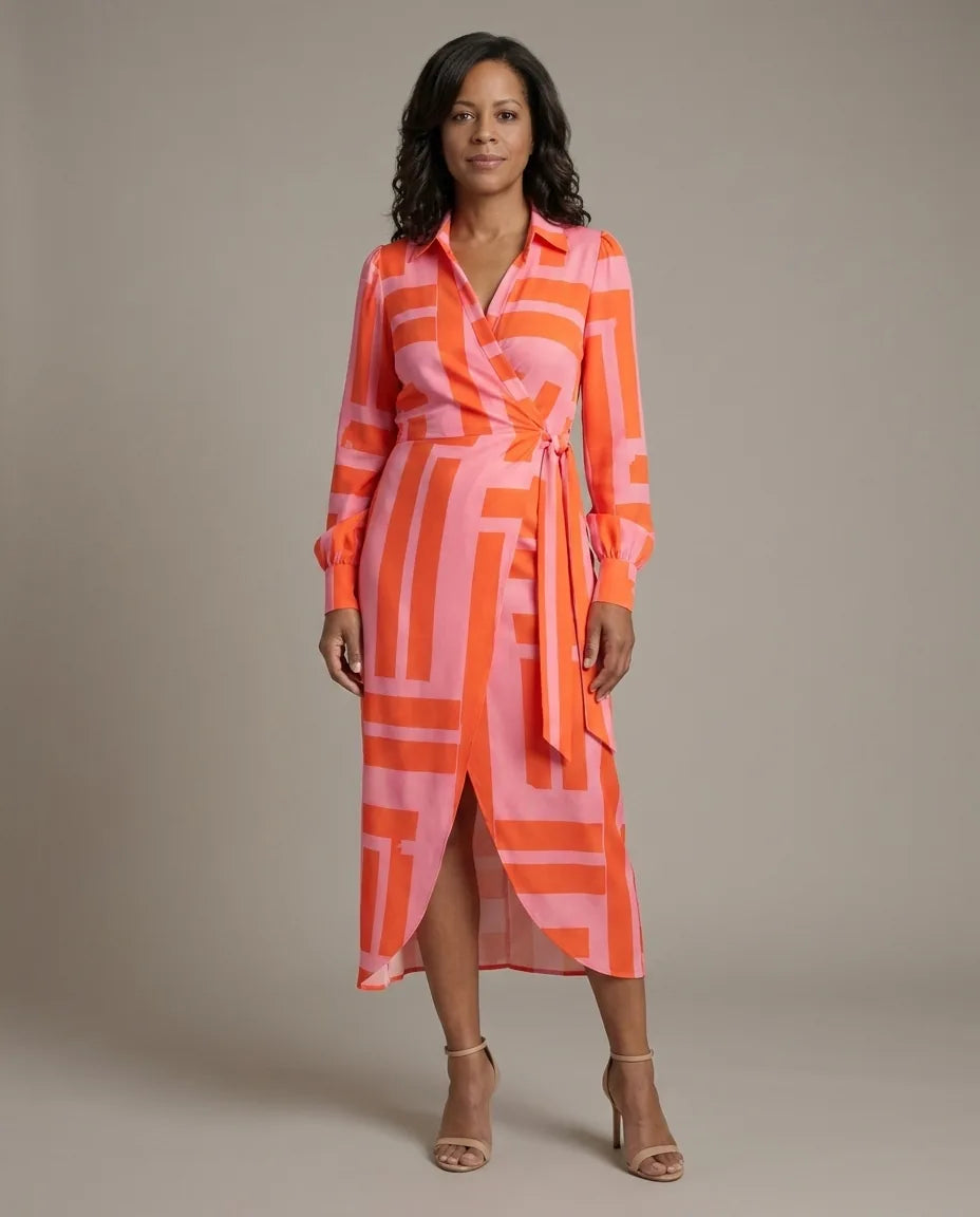 Josephine | Printed Wrap Dress — Orange/Pink